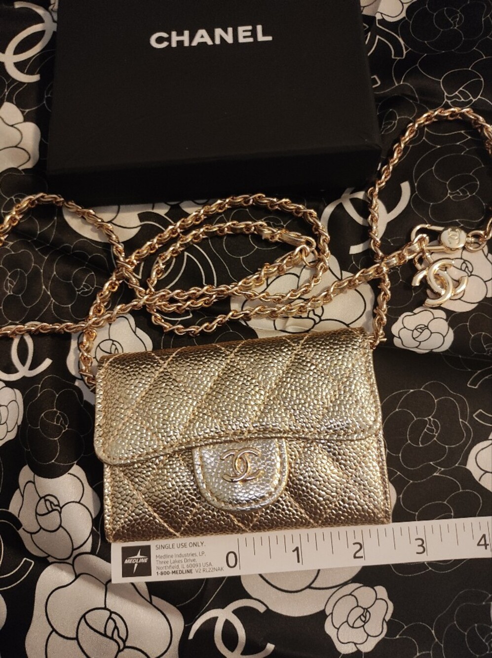 Gold Quilted Mini Crossbody Wallet With Luxury Logo Detail - Picture 8 of 9